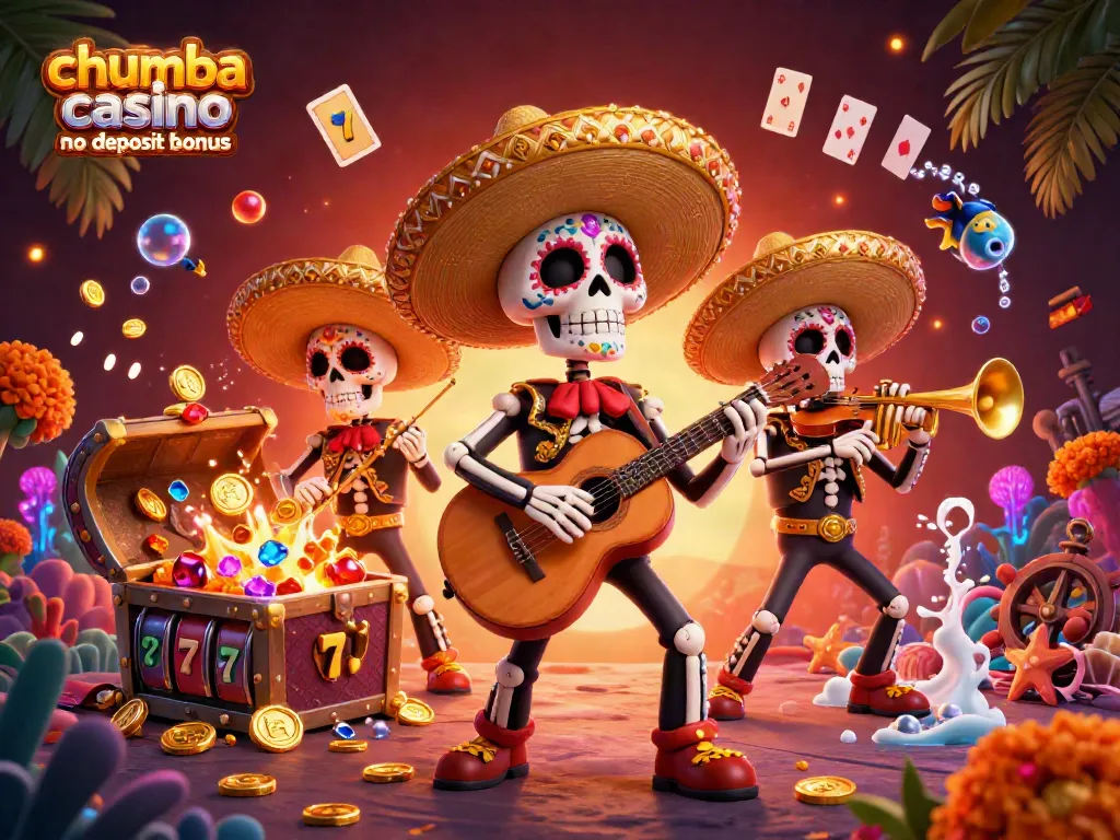 Win big with Chumba Casino no deposit bonus offers, featuring animated characters and slot game elements.