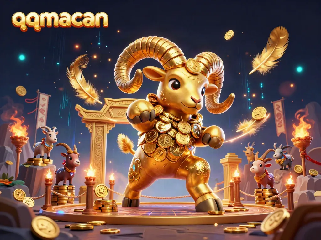 Engage in thrilling gameplay with qqmacan's vibrant casino elements and dynamic golden ram illustration.