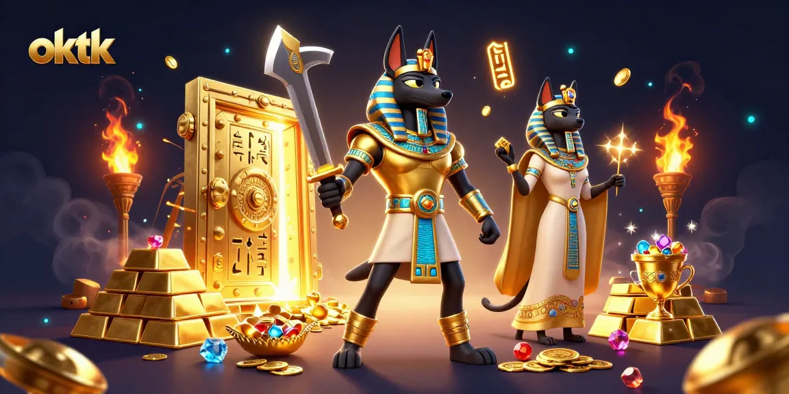 Spin the reels and uncover treasures with oktk in this vibrant casino scene of gold and gems!