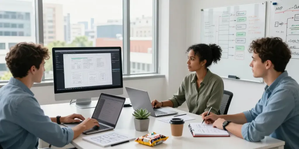 Collaborative team utilizing mvp development service in a vibrant startup workspace with laptops and wireframe presentations.