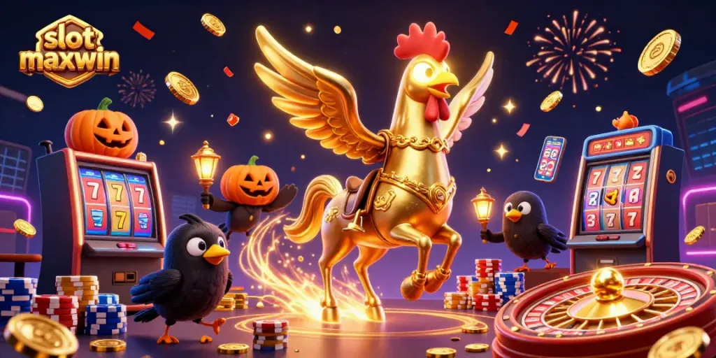 Experience thrilling slot maxwin moments with golden rooster characters and dynamic casino elements.