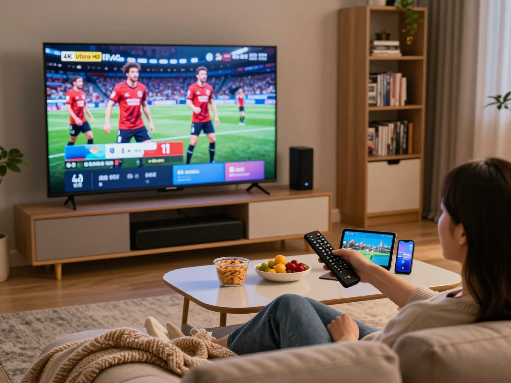 Ervaar iptv met abonnement in actie met een gezellige woonkamer setting, smart TV toont 4K films en sport.