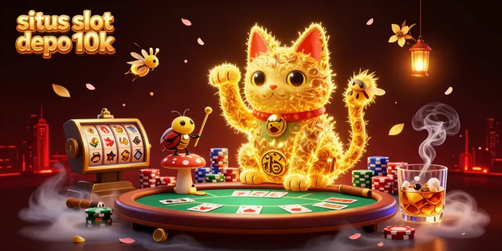 Engage in situs slot depo 10k gaming with a dazzling cat of luck and vibrant casino imagery.