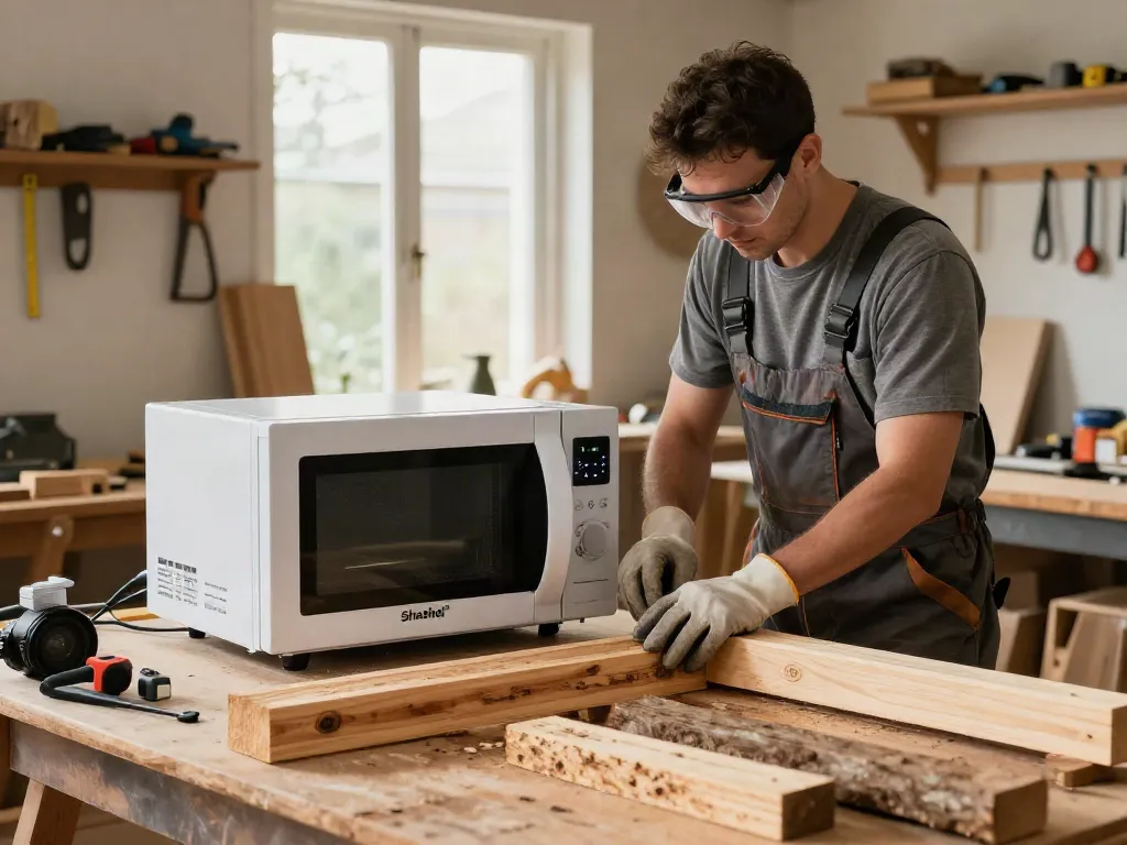 Shashel® microwave device effectively eliminating wood-boring insects in a home workshop.