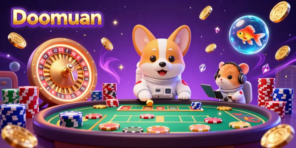 Doomuan's vibrant casino scene featuring a betting-inspired corgi, full of floating coins and colorful poker chips.
