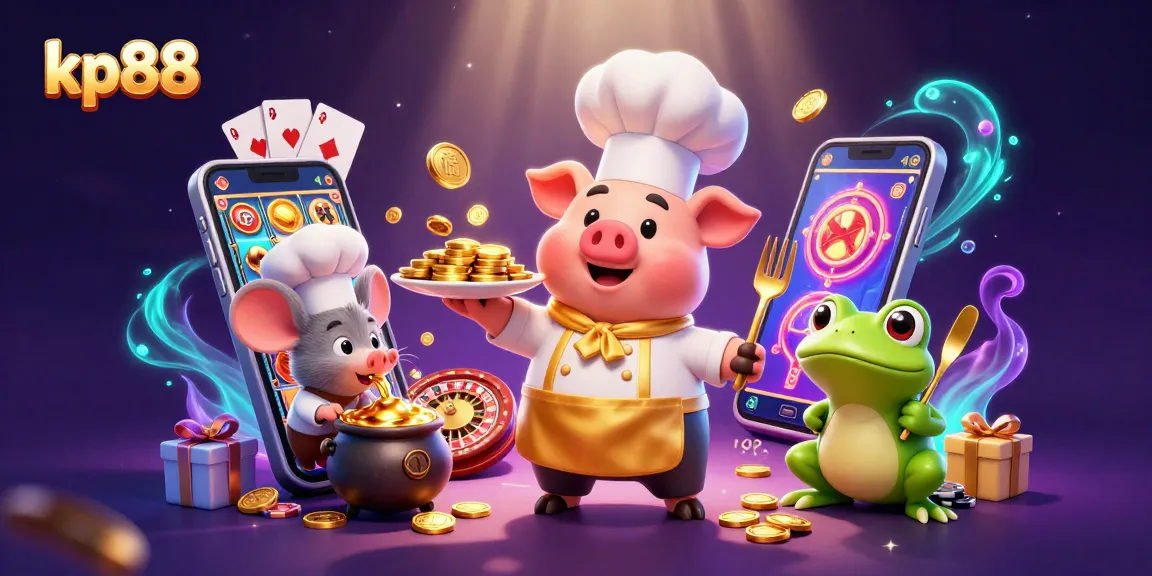 Experience kp88's vibrant casino atmosphere with a pig chef, sous-chef mouse, and frog critic serving gold coins.