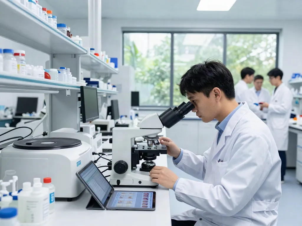 Cancer biobanks in a modern lab environment, scientist analyzing samples and data.