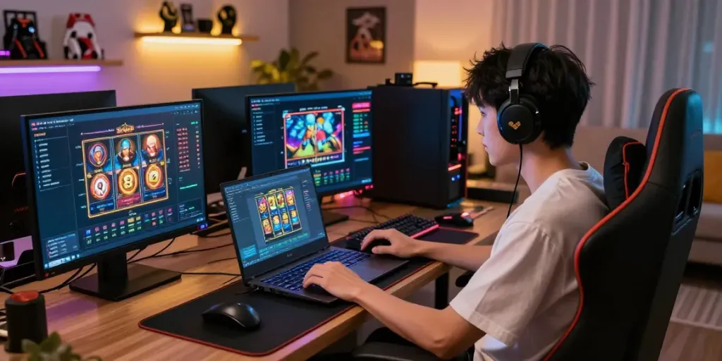Player immersed in online gaming on luxury333 platform with vibrant graphics and modern setup.