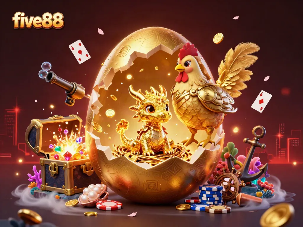 Win big with five88 in this dynamic 3D casino scene featuring a golden dragon and poker chips.
