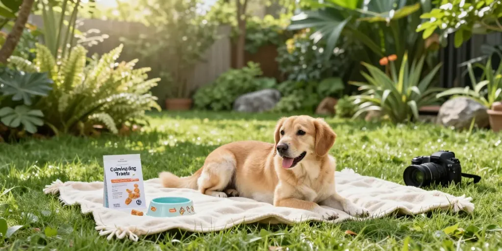 Calming Dog Treats help soothe anxious pets in a natural wellness environment.