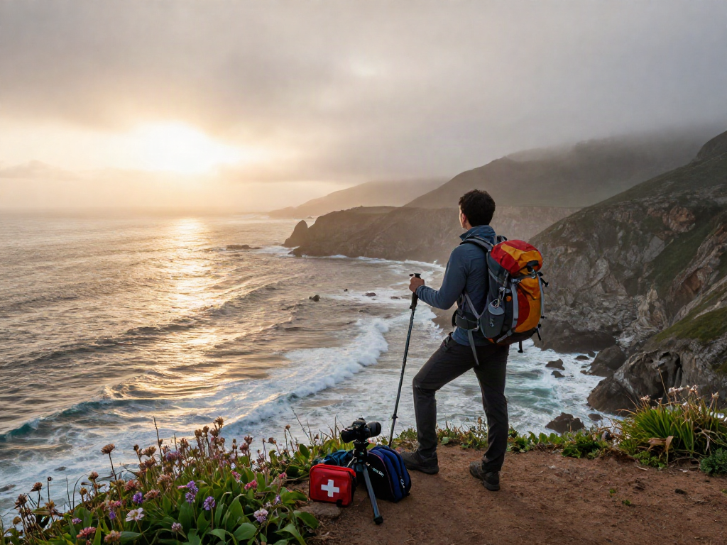 Slot deposit 5k adventure at sunrise on a coastal cliff with breathtaking views and activewear.