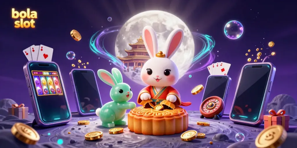 Engage with bola slot action featuring a moon rabbit character revealing poker chips surrounded by dynamic gambling elements.