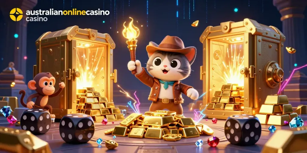 A cartoon explorer cat and monkey companion uncovering treasures at the australianonlinecasino casino.