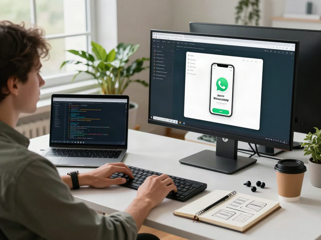 Engaged developer working on gb WhatsApp app interface in a bright home office