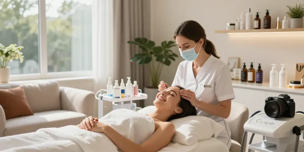 CCeye® treatment for removing Augenringe in a serene beauty room with natural light and smiling client.