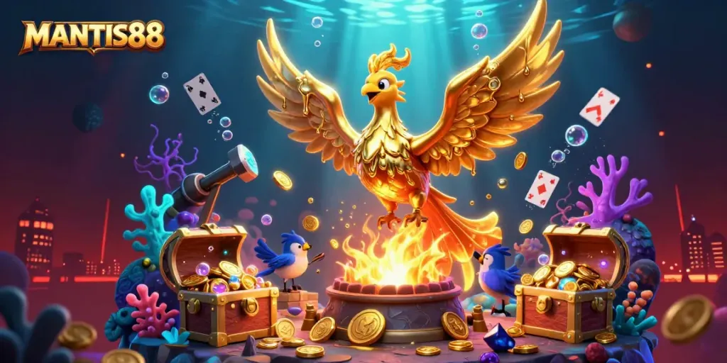 Experience winning at MANTIS88 with a molten golden phoenix surrounded by underwater treasures and vibrant game elements.