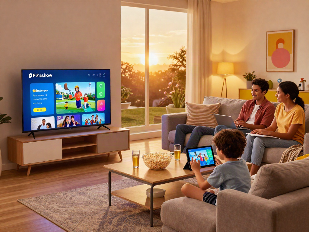 Enjoying the pikashow app on a smart TV in a cozy living room setup.