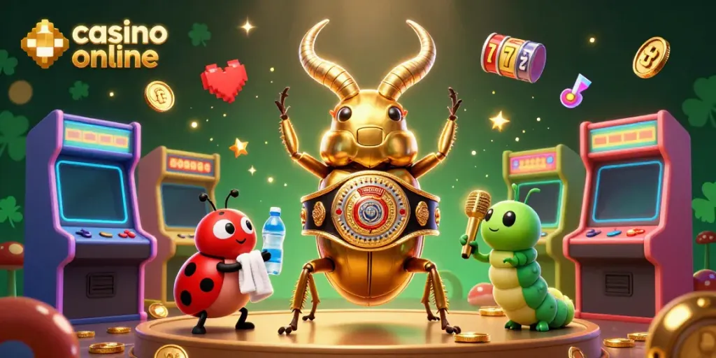 Engaging casino online scene with a giant golden stag beetle as a boxing champion and casino elements surrounding.