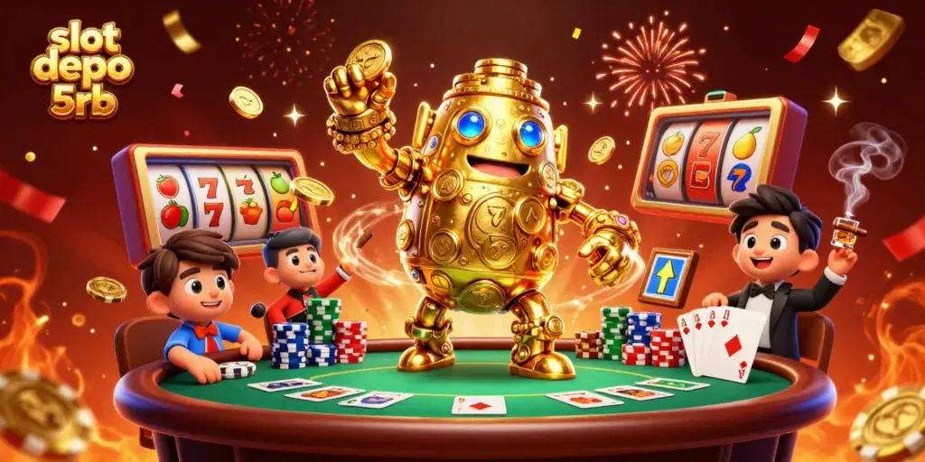 Spin the reels at slot depo 5rb with our vibrant 3D casino scene featuring a golden golem.