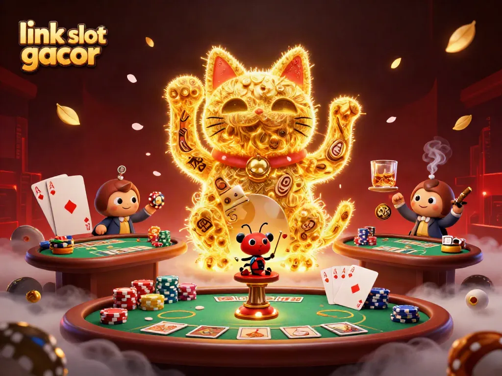 Experience the thrill of gameplay with link slot gacor, featuring a giant lucky cat and dynamic casino elements.