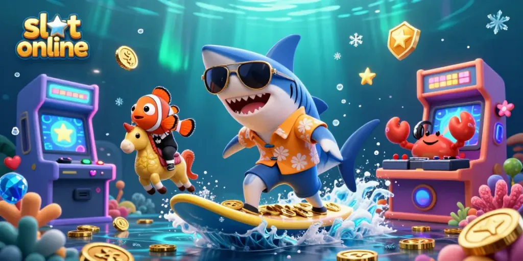 Engage with slot online excitement as a shark surfs on gold coins amidst vibrant arcade game elements.