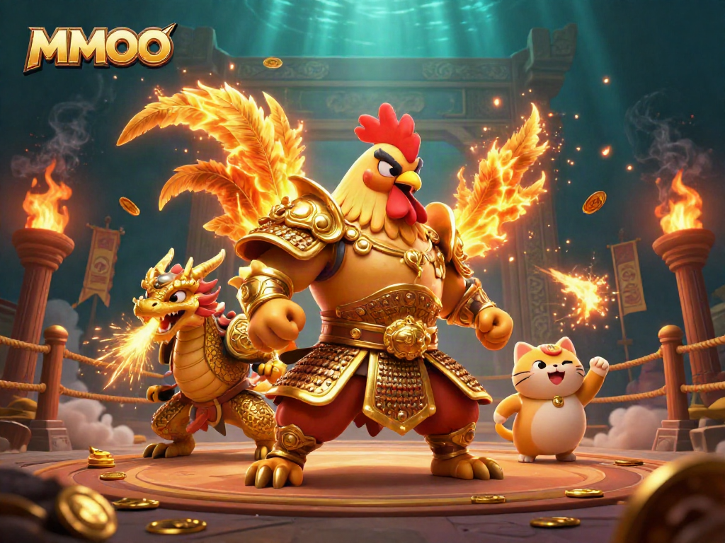 Engage with MMOO's thrilling golden gaming arena featuring a fierce rooster warrior.