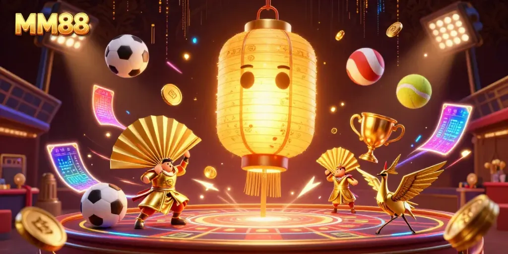 Engage with MM88's vibrant night market casino featuring golden lantern spirits and dynamic sports elements.