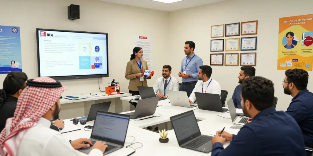 Training Institute Saudi Arabia: professionals in a hands-on HSE workshop, showcasing safety protocols and learning materials.