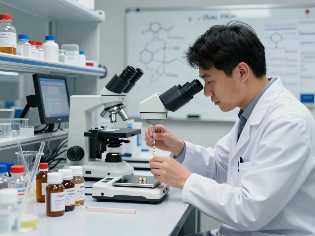 Researcher mixing Swiss Chems peptides in a modern lab with precision tools and materials.