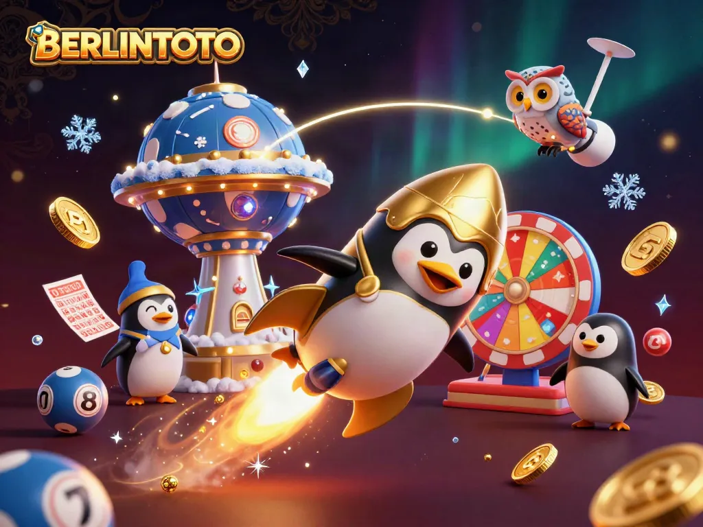 Engage with BERLINTOTO's vibrant lottery-themed illustration depicting dynamic characters and gaming elements.