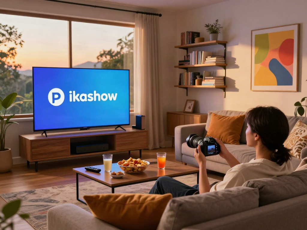 Enjoy streaming on Pikashow in a cozy living room with snacks.