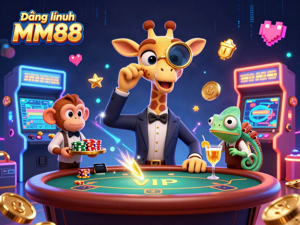 Experience Đăng nhập MM88 with a high-roller giraffe enjoying casino fun and gaming excitement