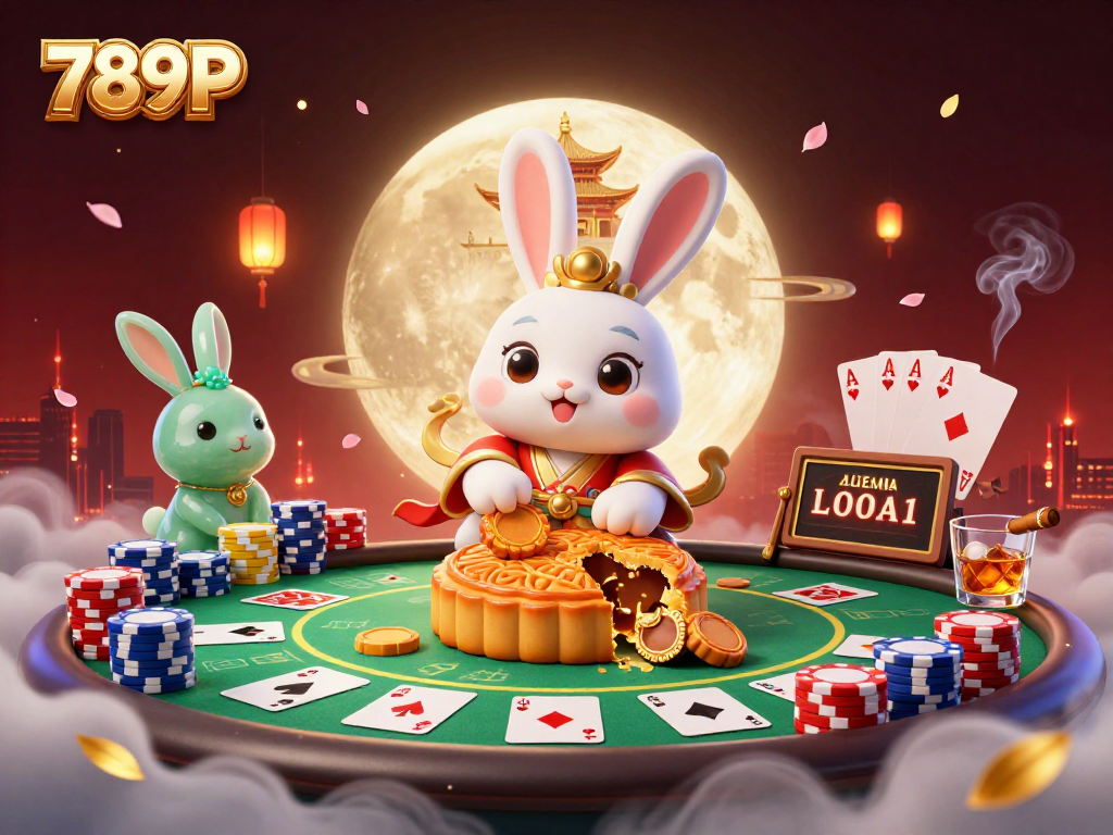 Experience the thrill at 789P with a 3D illustration of a moon rabbit revealing poker chips