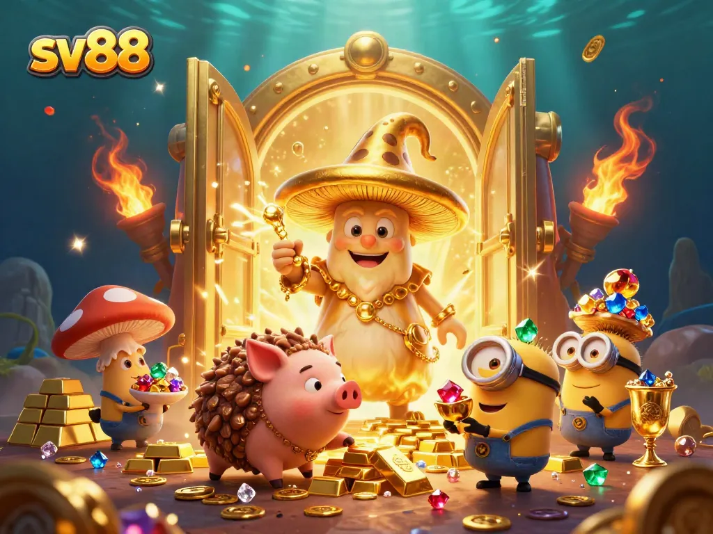 Experience sv88's thrilling online gaming with a magical wizard and treasures in a vibrant casino scene.