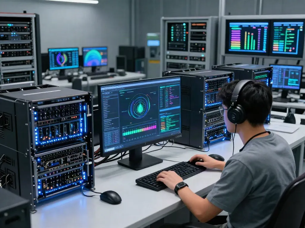 What are AI tokens visualized in a tech-savvy data center, showcasing powerful GPUs processing workloads and performance analytics.