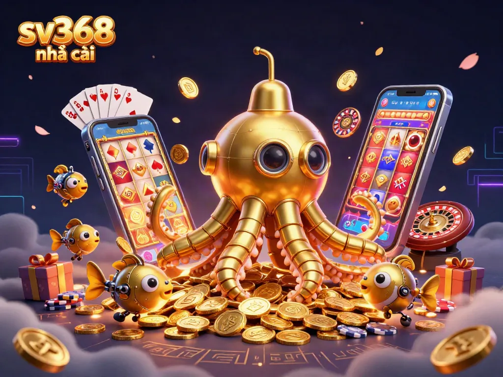 Engage with sv368 nhà cái's thrilling golden kraken submarine emerging from golden coins in an exciting digital casino scene.