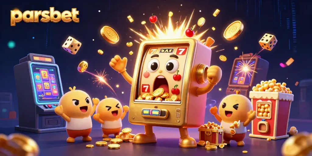 Parsbet ile şansınızı artıran altın slot makinesinin büyük kazanç anını yakalayan eğlenceli bir illüstrasyon.