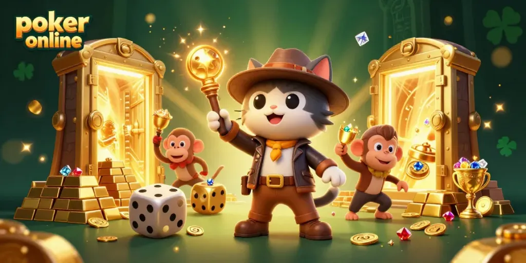 Experience thrilling poker online action in a vibrant treasure-filled adventure scene.