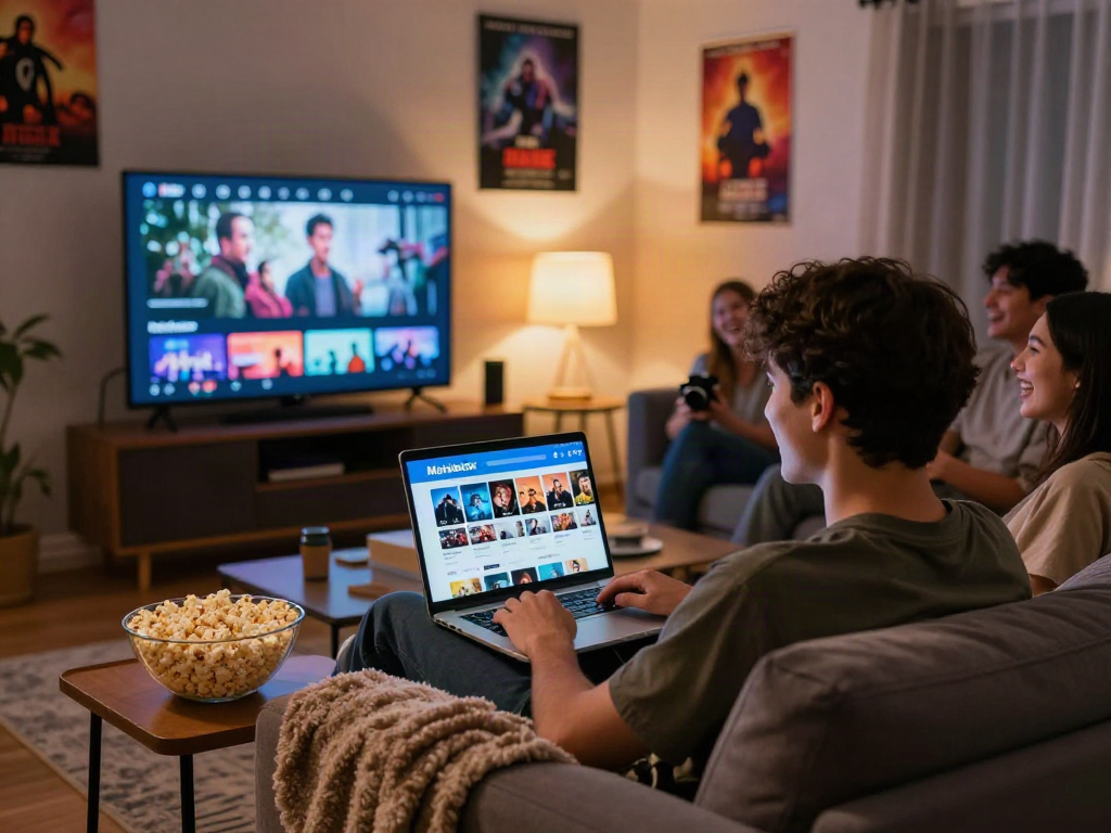 Youthful gathering enjoying the Moviebox app on a cozy sofa with popcorn and movies.