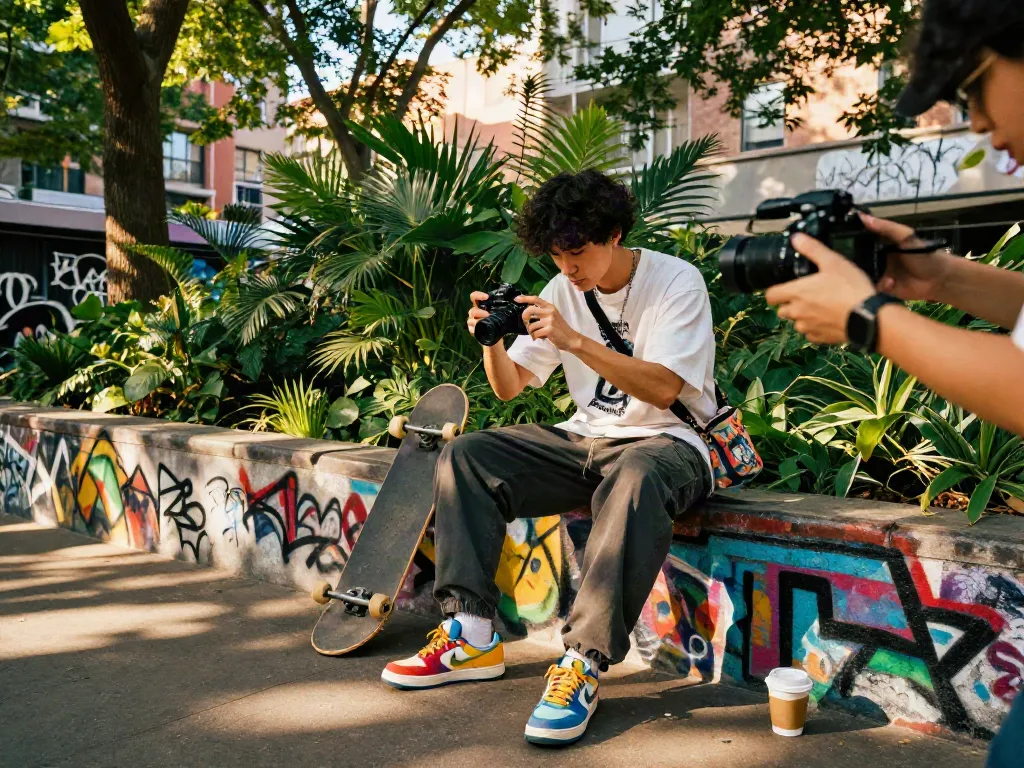 Sophie Rain xxx lifestyle scene of a content creator capturing moments in urban nature.