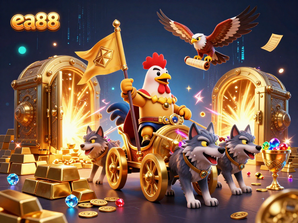 ea88 showcases a dynamic scene with a rooster warlord and golden treasures, emphasizing winning strategies.
