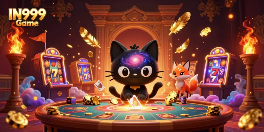 Engage with the exciting IN999 Game, featuring a playful black hole cat and vibrant gaming elements.