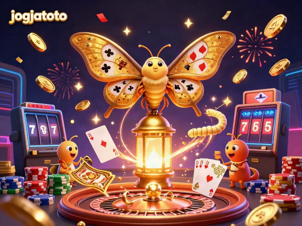 Experience the thrill of jogjatoto with a vibrant 3D illustration featuring casino elements and animated characters.