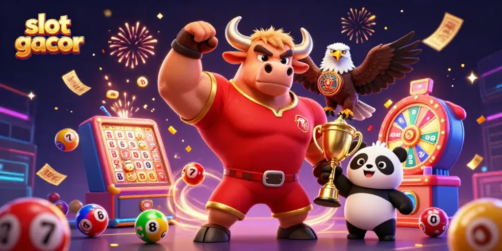 Ilustrasi slot gacor menampilkan karakter kasino sedang merayakan dengan lotere dan pesta.