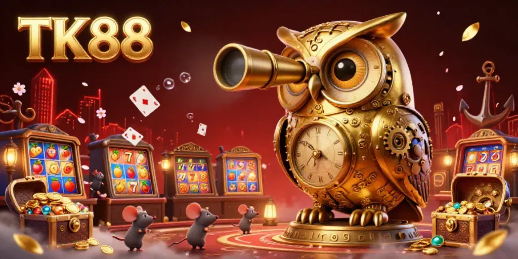 Engage with TK88's vibrant casino floor, featuring a playful owl and slots surrounded by treasure and excitement.