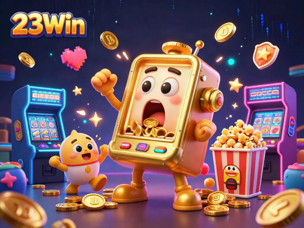 Experience thrilling wins with the 23Win jackpot-themed slot machine celebration, featuring vibrant casino elements.