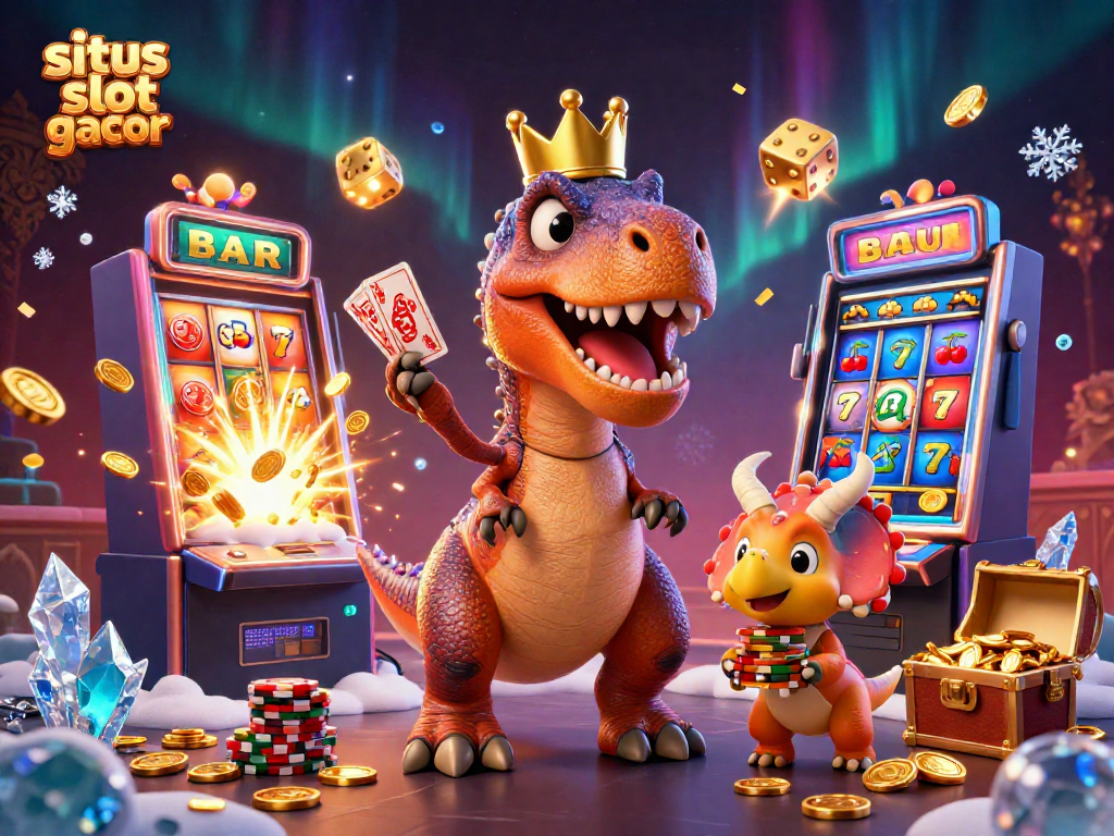 Engaging scene of situs slot gacor with T-Rex and triceratops amid a jackpot explosion in a colorful casino setting.