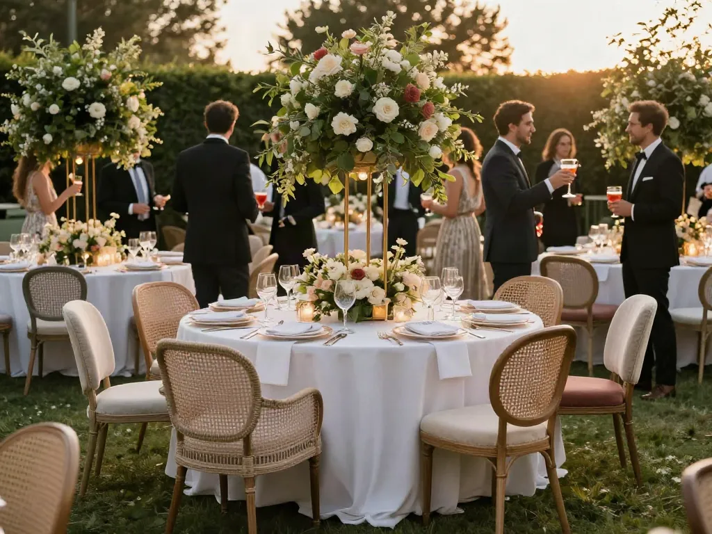 Event furniture rental showcased at an elegant outdoor wedding reception with stylish furniture, greenery, and ambient lighting.