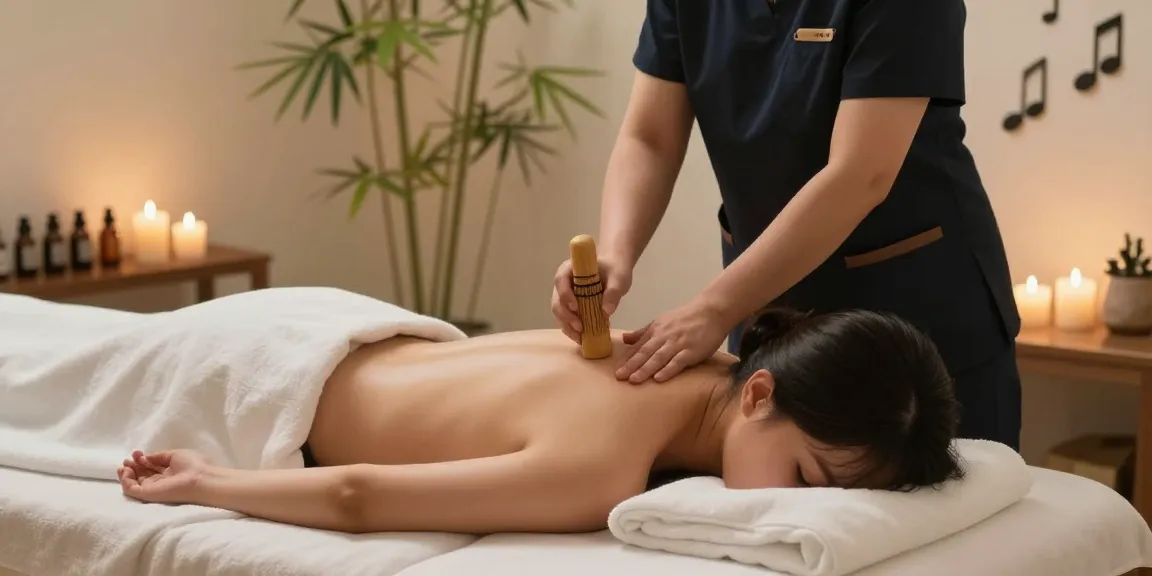 양천구출장안마 relaxing massage session in a tranquil home environment, showcasing soothing oils and calming atmosphere.