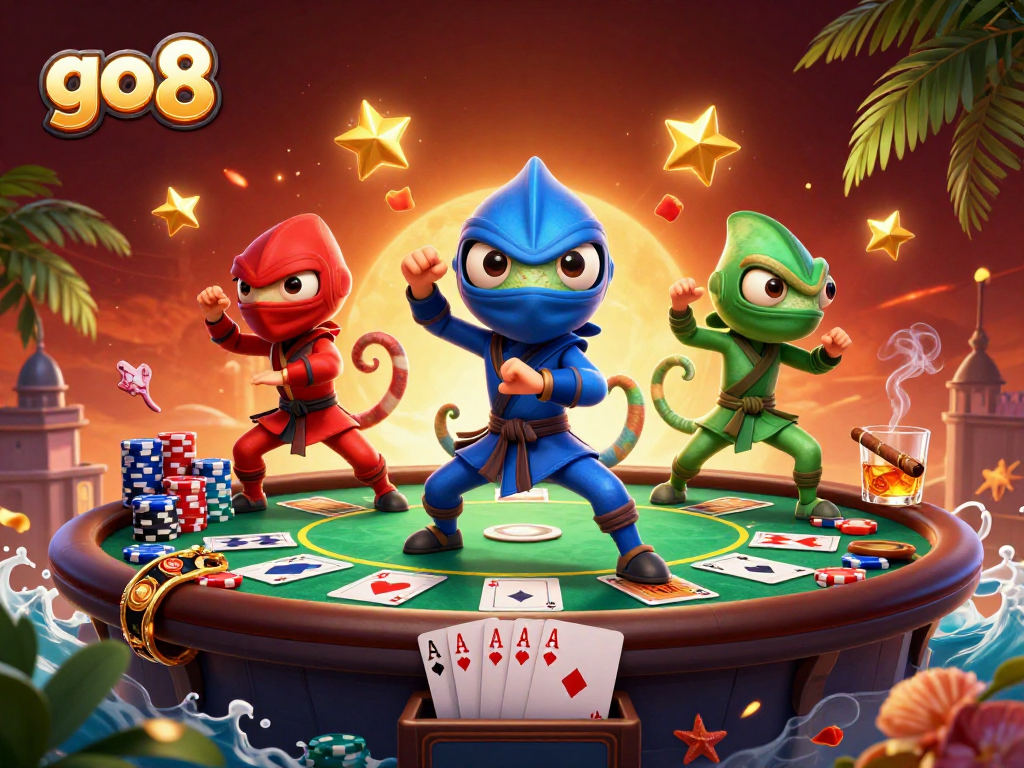 Experience go 8's thrilling gameplay with chameleon ninjas battling on a vibrant poker table.
